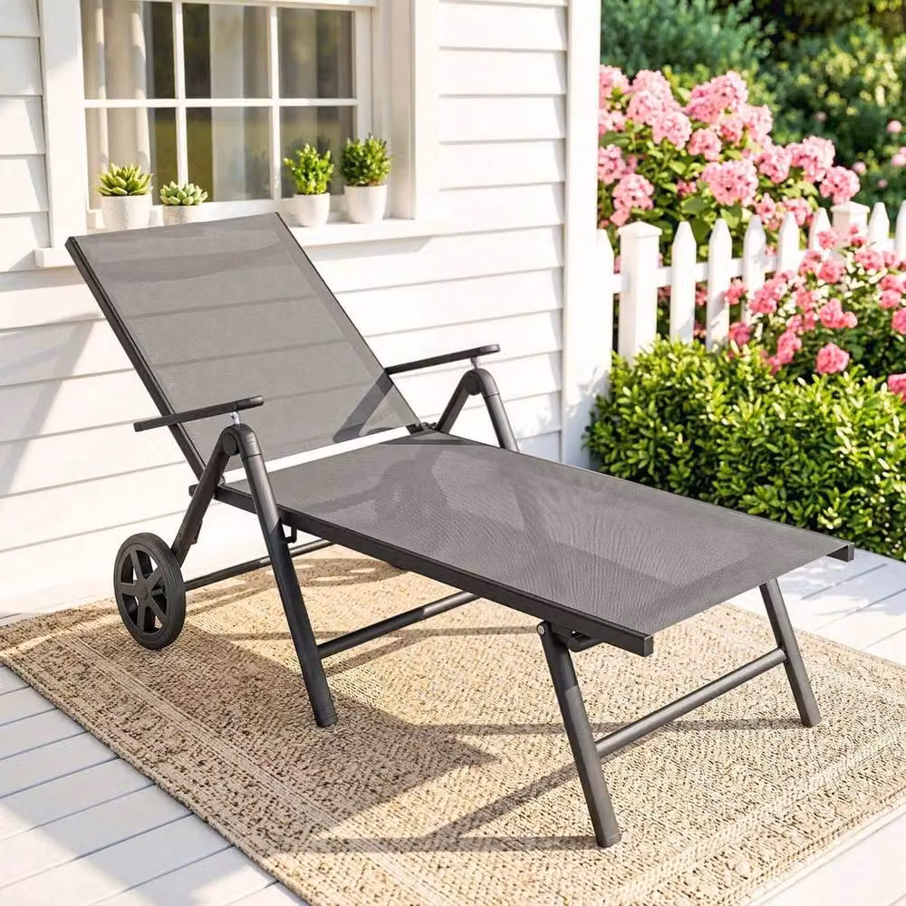 FORGEVIO Folding Sun Lounger with Wheels, 5-Position Adjustable Textilene Garden Chair in Grey – 5