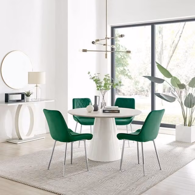 FurnitureboxUK Palma Beige Stone Effect Round Dining Table and 4 Pesaro Silver Chairs in Green