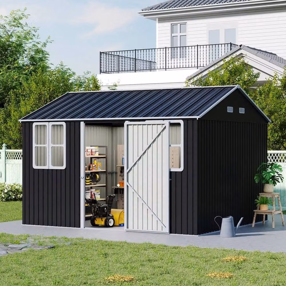 NESTLUNE Black Galvanised Steel Garden Tool Storage Shed with Gable Roof – 3