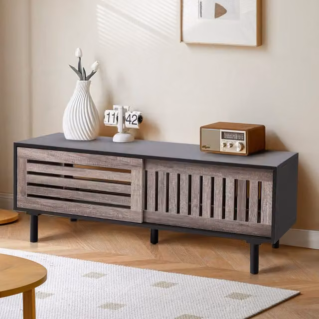 Livingandhome Modern Wooden TV Stand with Slatted Sliding Door in Brown and Black Matt Finish