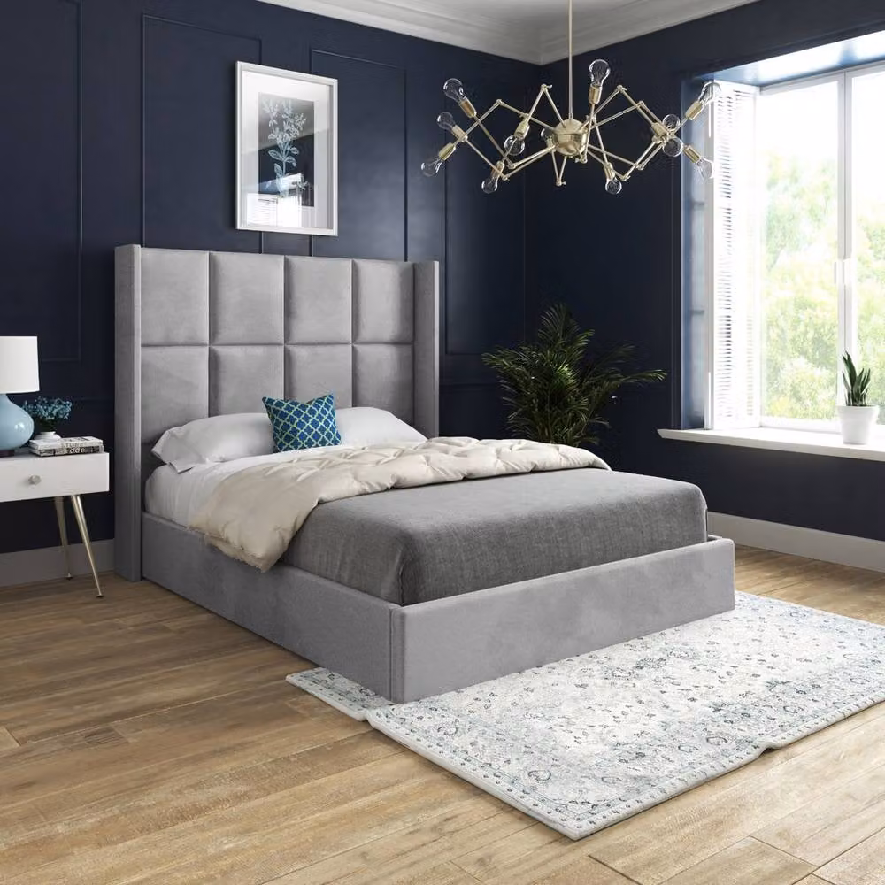 Casani Riversdale Straight Winged Designer Bed Frame in Grey Soft Velvet, Super King, W/D/H: 200 x 189 x 137 cm – 2
