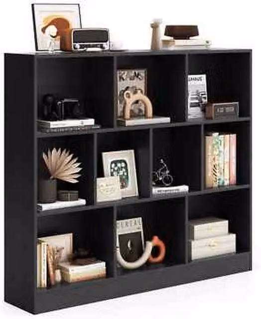 NESTLUNE Black Wood Display Shelf for your Living Room, W: 120 cm, D: 15 cm, H: 100 cm