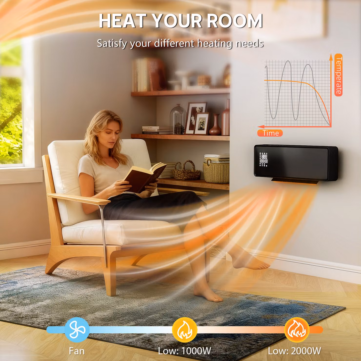 HOMCOM 2000W Ceramic Electric Fan Heater with Adjustable Thermostat, Remote Control and Timer, Wall Mounted, Black – 5