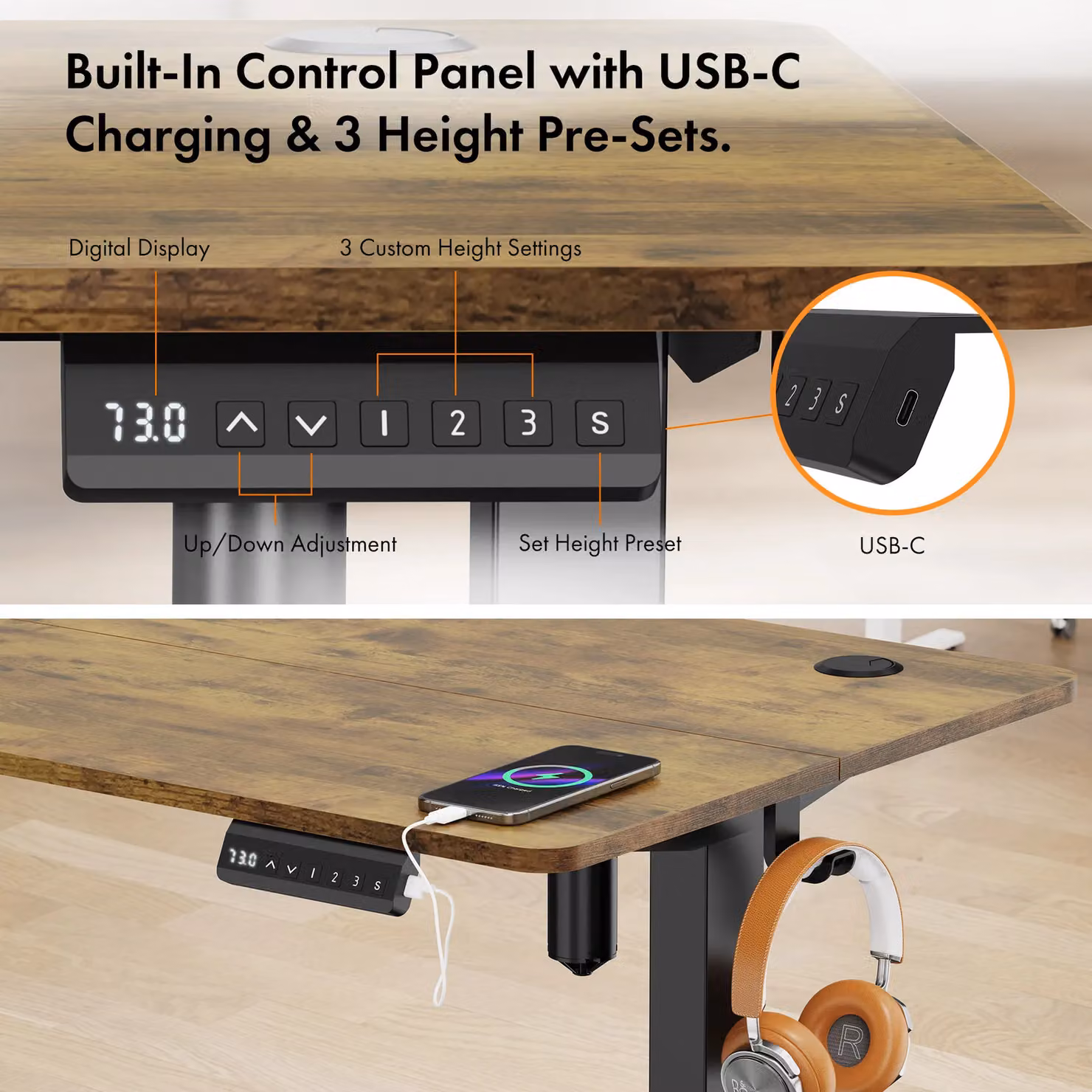 VonHaus Electric Height Adjustable Standing Desk with USB-C Charging in Dark Brown, W/D/H: 118 x 60 x 72 cm – 5