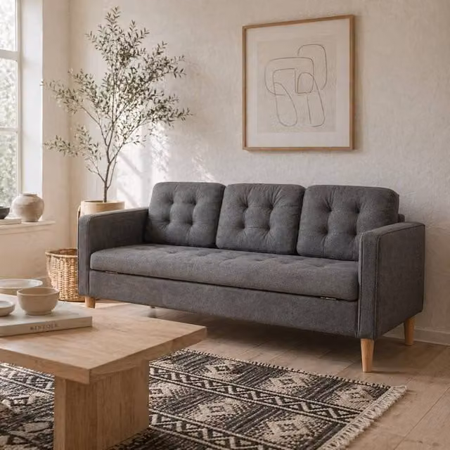 Wyld Haus Grey Fabric 3 Seater Sofa with Hidden Storage, Tufted Seat and Rubberwood Legs – 1