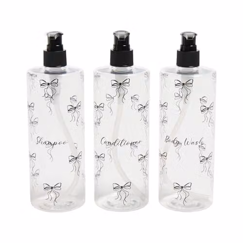 OHS 3 Pack Bow Print Refillable Plastic Shampoo and Conditioner Pump Dispensers in Clear and Black