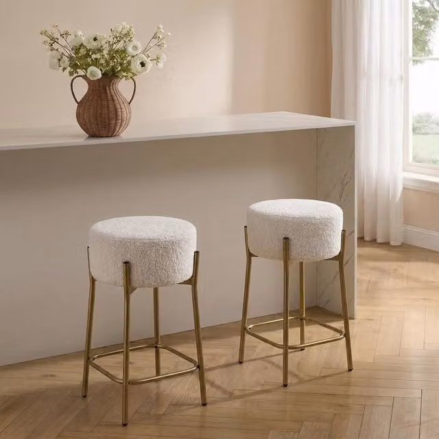 OHS Modern Bouclé Bar Stool with Gold Metal Legs in White