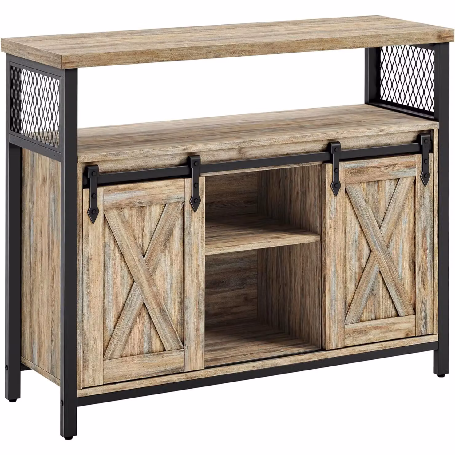VASAGLE Industrial Sideboard Kitchen Cabinet with 2 Sliding Barn Doors and Adjustable Shelves in Light Tan – 4