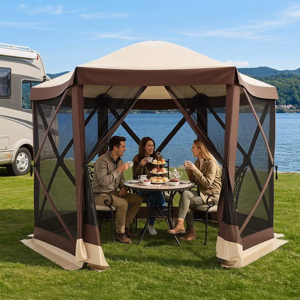 Costway Foldable 6-Sided Garden Gazebo with Net Sides and Zipped Door in Brown, W/D/H: 300 x 300 x 230 cm – 3