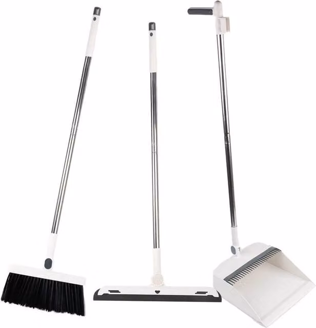 PAWNORA 3 Pack White Long Handle Dustpan and Brush Set with Scraper and Foldable Rubber Design