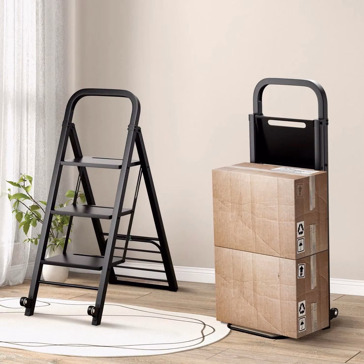 Costway 2-in-1 Foldable 3-Step Ladder and Heavy-duty Utility Hand Truck in Black – 4