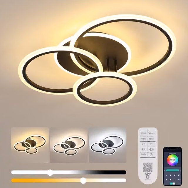 Pheashine Black 3-Ring Interlocked LED Ceiling Lamp, 53W Dimmable with Remote Control, 3000K-6500K CCT – 1