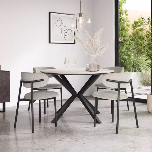 More4Homes Calne Round White Ceramic Dining Table and 6 Myla Black Linen Chairs Set, Diameter: 120 cm, Height: 75 cm
