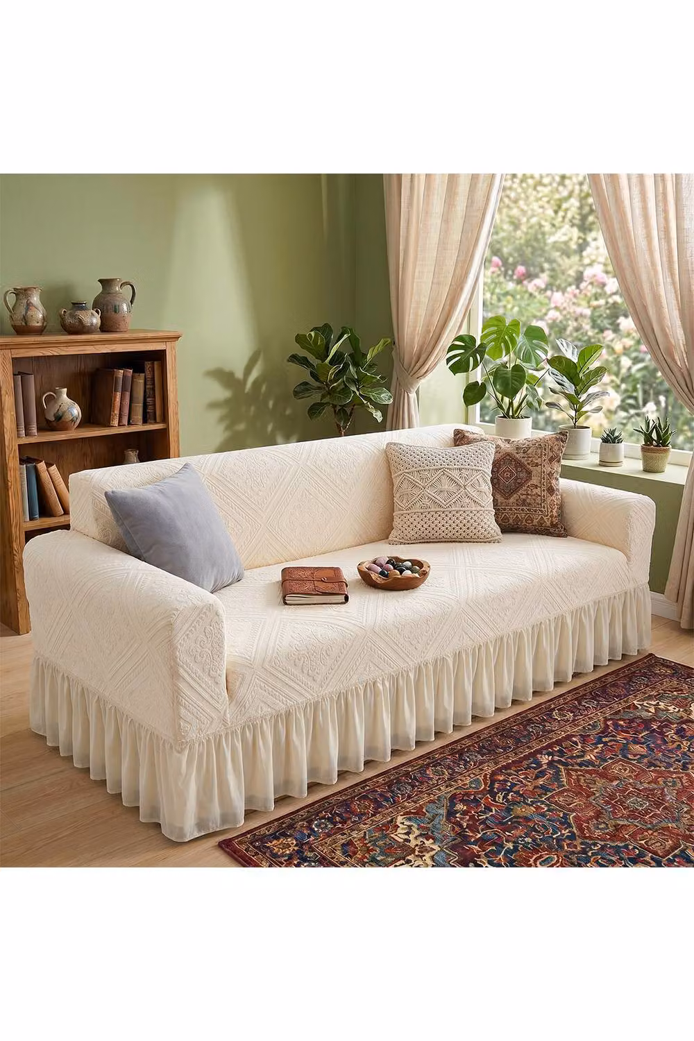 Living and Home High Stretch Full-Coverage Jacquard Sofa Cover with Foam Rods in Beige, Medium – 2