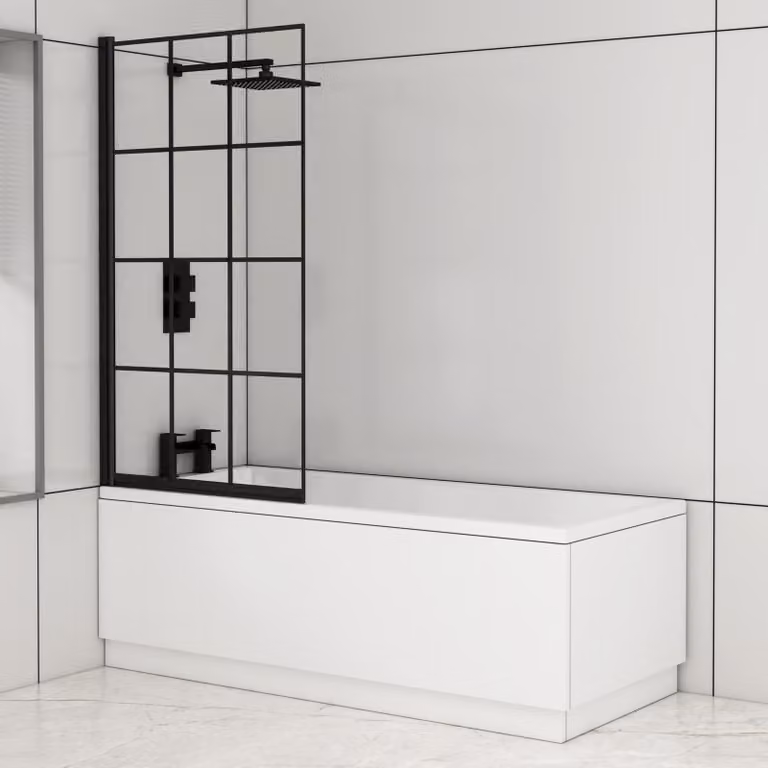 Royal Bathrooms Cesar Square Single-Ended Acrylic Bath Tub with Black Square Grid Screen in White