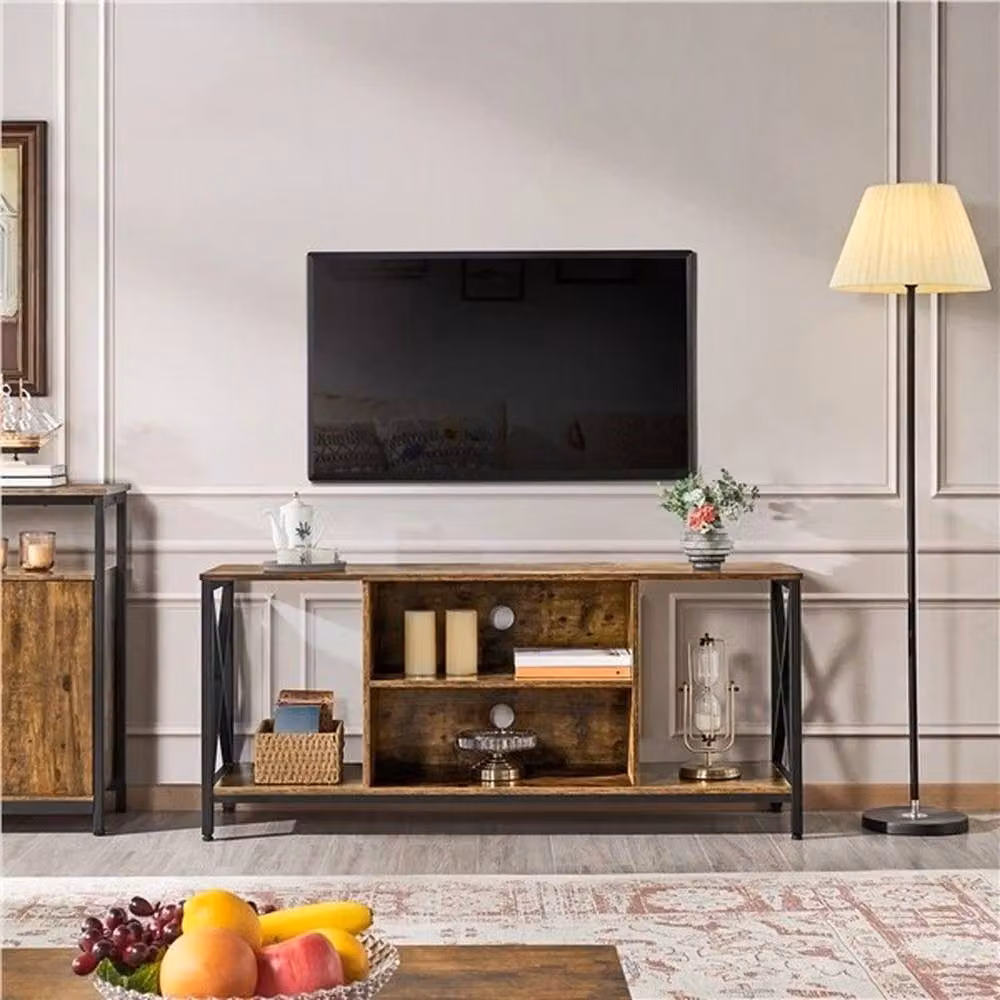 EONLION Industrial TV Cabinet with X-Shape Design and Storage Shelves in Brown and Black – 3
