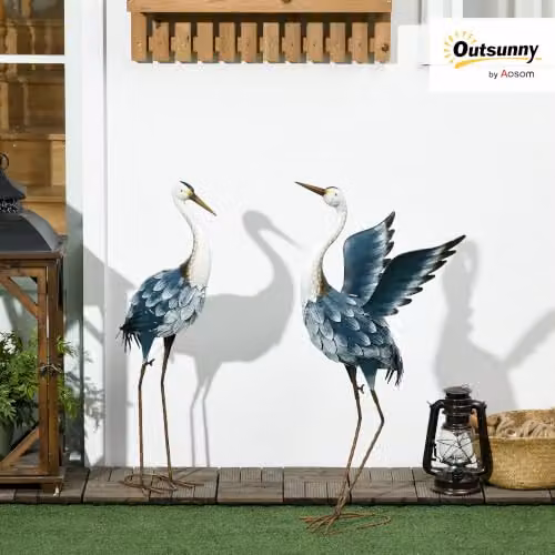 Outsunny Set of 2 Metal Heron Garden Statues in Blue and White – 2