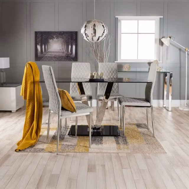 FurnitureboxUK Florini Black Glass and Chrome Metal Dining Table and 6 Milan Grey Faux Leather Dining Chairs Set, W/D/H: 140 x 80 x 75 cm