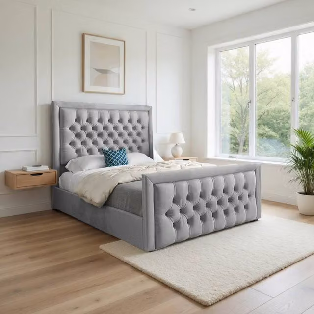 KDMD Ugborough Modern Upholstered Designer Bed Frame in Grey Velvet, W/D/H: 90 x 200 cm