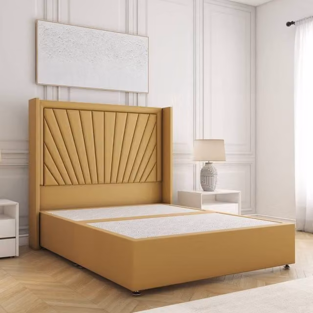 BSSPOKE Alina Super King Divan Bed in Mustard Yellow Plush Velvet with 54 inch Headboard