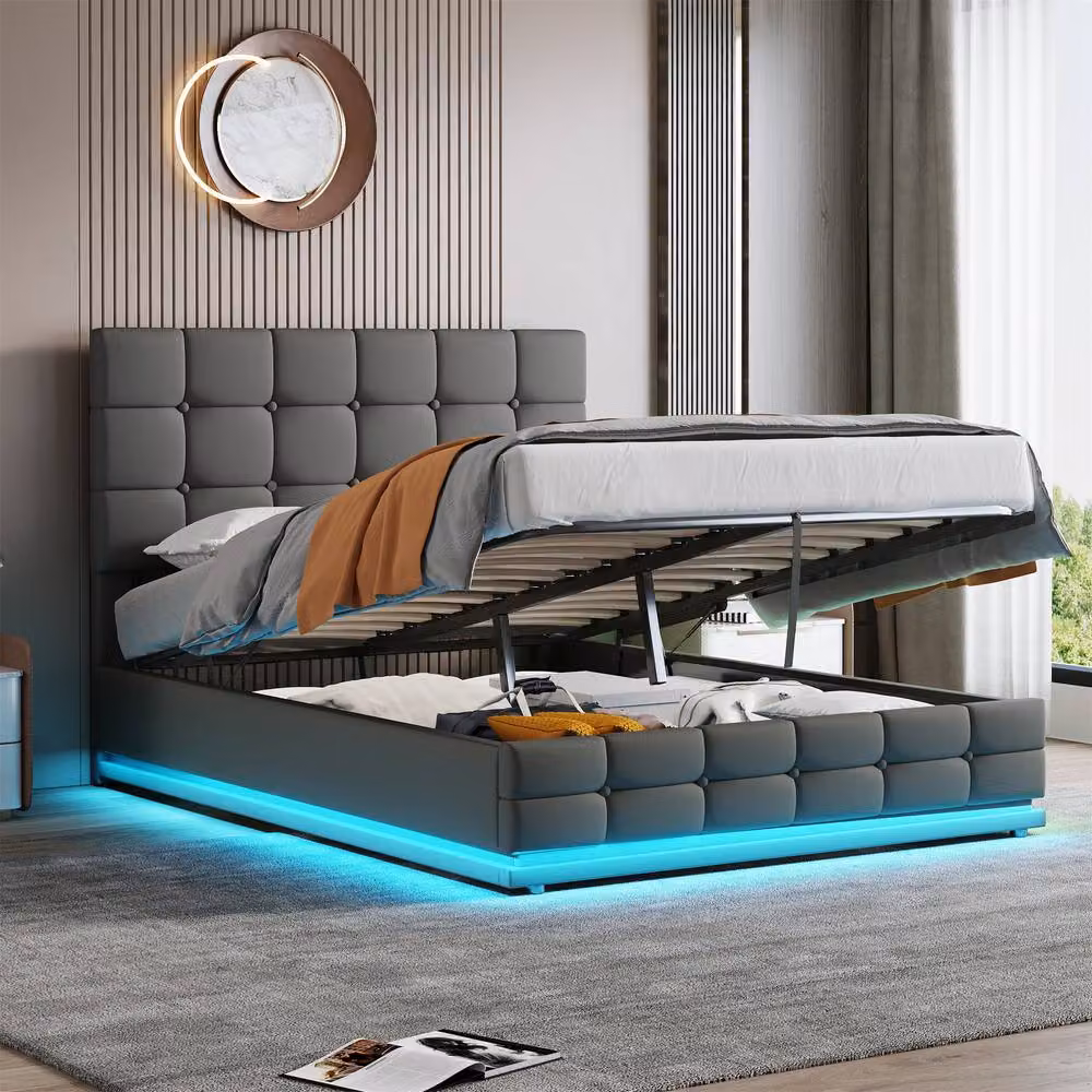 Matteo Grey Double Ottoman Bed Frame with LED Under-Bed Lighting and Hydraulic Storage – 2