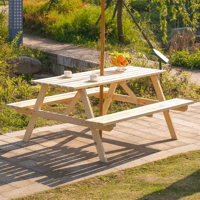 Outsunny 4 Seater Rustic Treated Hardwood Outdoor Picnic Table and Benches in Brown and Beige