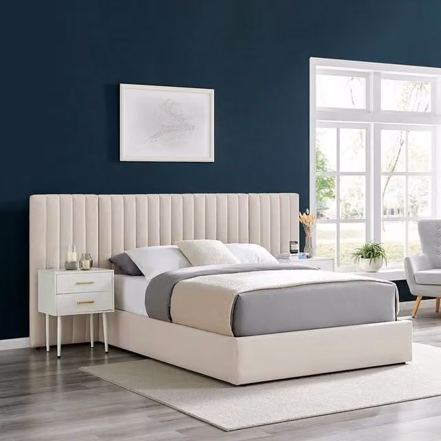 Modish Furnishing Inaya King Size Ottoman Storage Bed with Wide Panel Cream Velvet Fabric Headboard – 1
