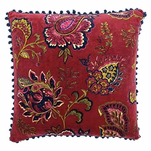 Riva Paoletti Malisa Square Paisley Print Cushion in Red and Blue with Pompom Edges, W/D/H: 50 x 50 x 50 cm