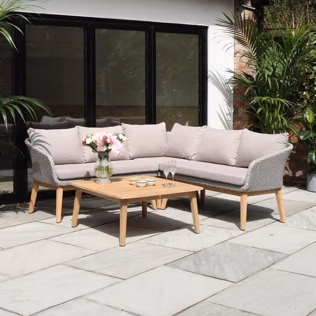 Royalcraft Sol 5-Seater Corner Lounge Set in Grey Rattan and Natural Acacia Wood