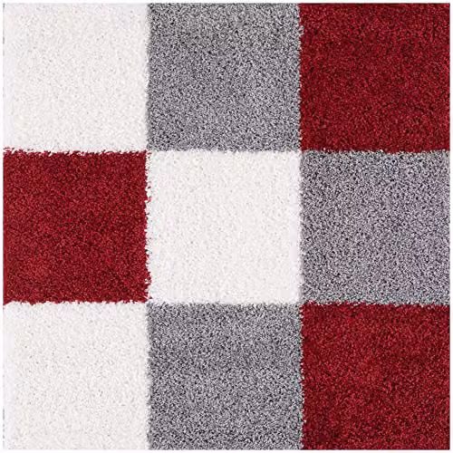 THE RUGS Modern Checked Shaggy Area Rug, Red and Grey, W/D/H: 120 x 120 x 3 cm – 6