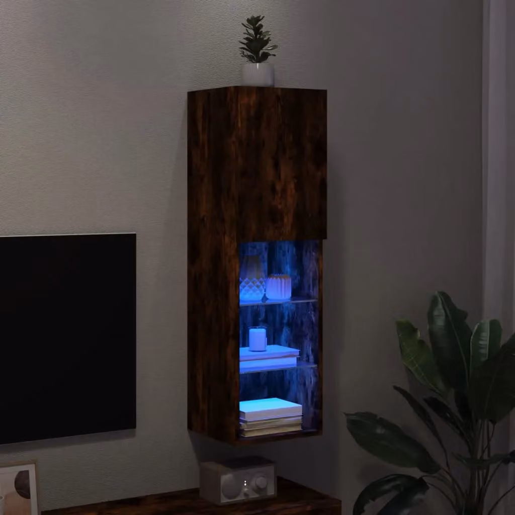 Berkfield Home Modern Wall Mounted TV Cabinet with Integrated LED Lights and Glass Doors in Smoked Oak Brown, W/D/H: 30.5 x 30.0 x 102.0 cm – 4