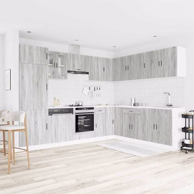 Berkfield Home Elegant 14 Piece Modern Kitchen Cabinet Set in Porto Grey Sonoma Engineered Wood with Glass Doors