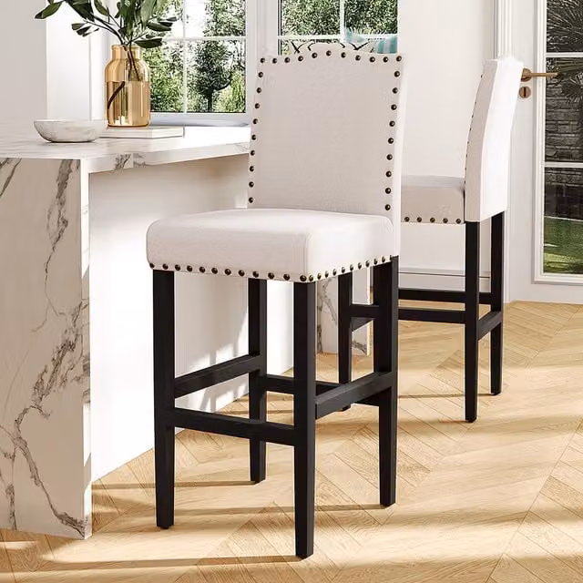 Livingandhome Set of 2 Beige Fabric Upholstered Counter Height Dining Barstools with Black Metal Frames