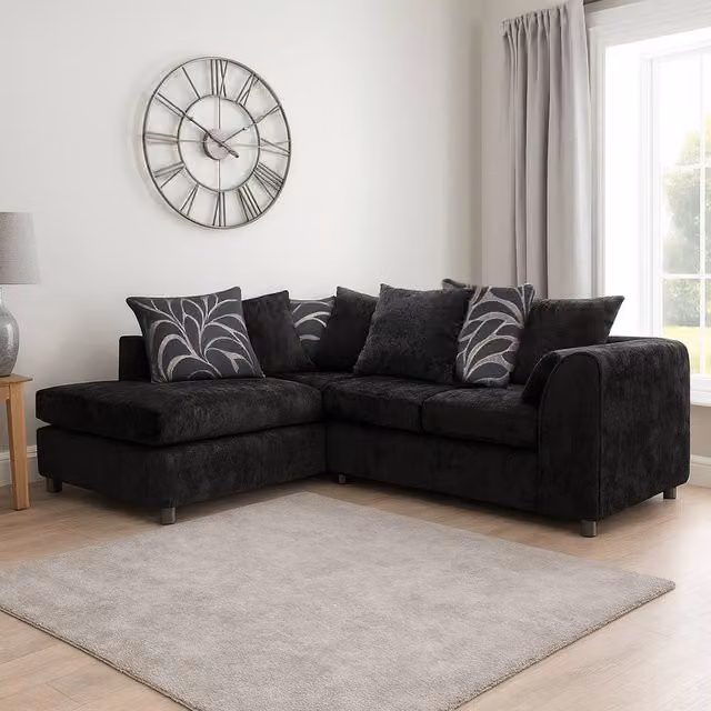 Furnishings For Less UK Zina 3-4 Seater L-Shaped Corner Sofa in Black Chenille Fabric, Left Hand Facing – 1