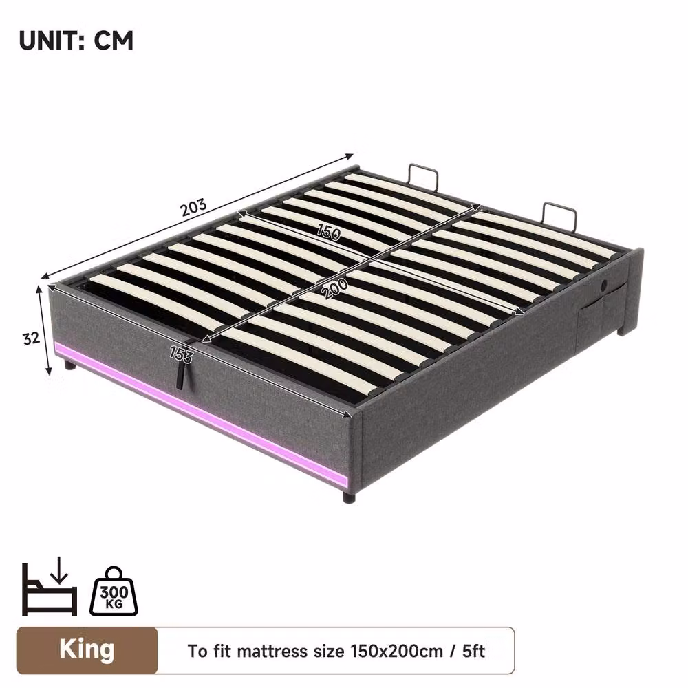 ModernLuxe Grey Linen King Bed with Ottoman Storage, LED Lighting and USB Charging Port, W/D/H: 150 x 200 x 32 cm – 6