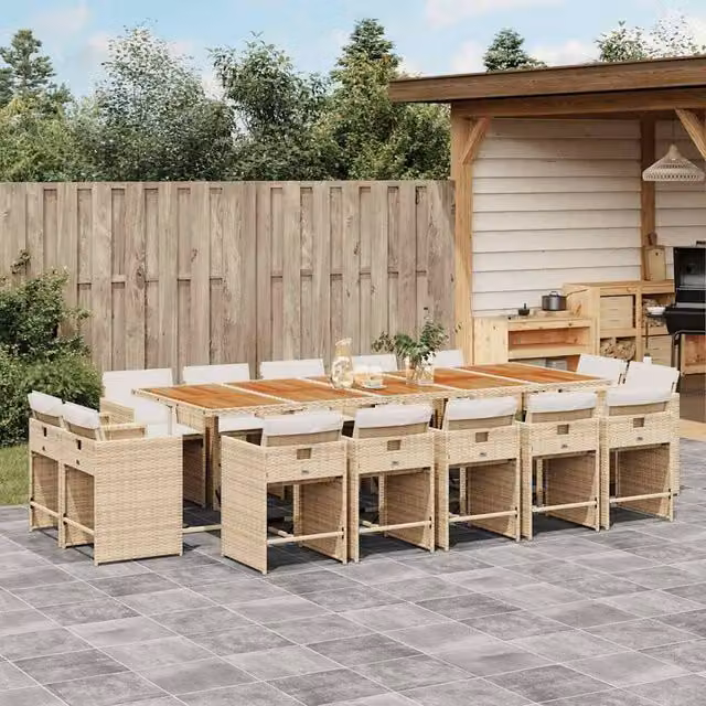 Berkfield Home 15 Piece Modern Garden Dining Set with Beige Cushions and Acacia Wood Poly Rattan