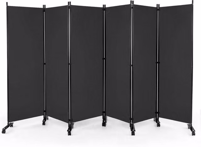 EONLION 6 Panel Rolling Room Divider in Black, Width: 100 cm