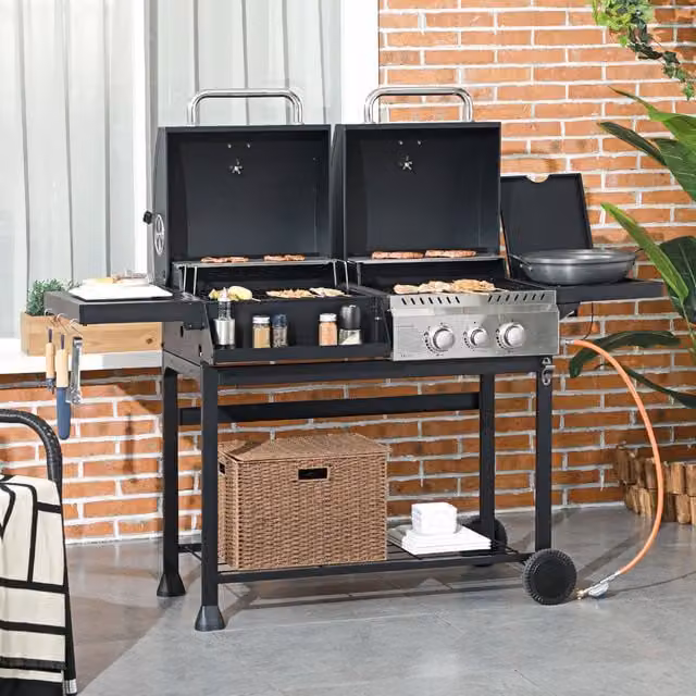 Outsunny Dual Fuel Gas BBQ Grill with Side Burner and Cart, Black