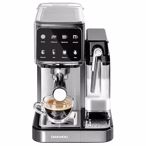 Daewoo One Touch Coffee Machine in Silver with Automatic Milk Frother, Integrated Milk Tank and Iced Coffee Function – 1