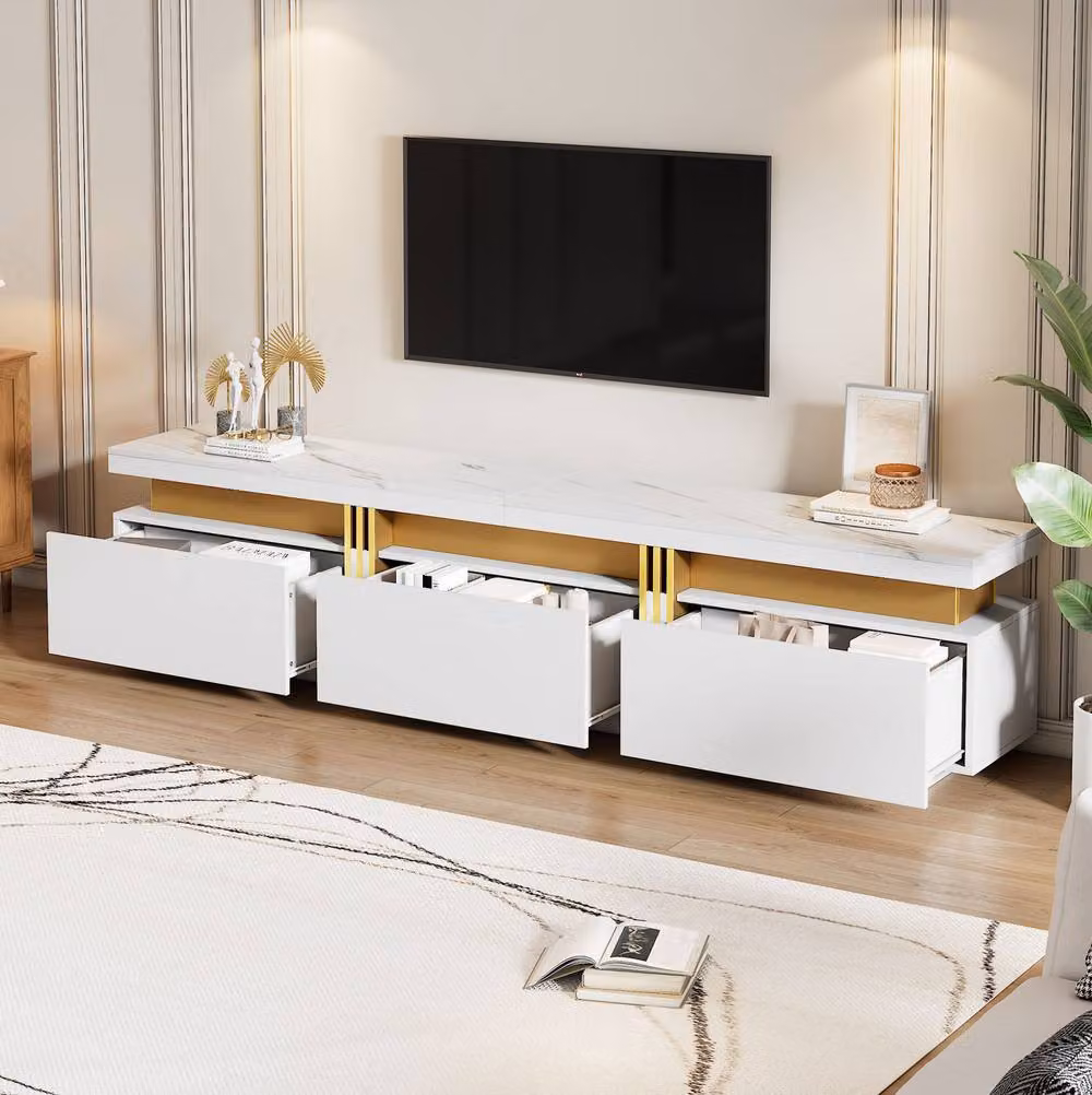 STILVORA TV Stand with Faux Marble Top and 3 Drawers in White – 2