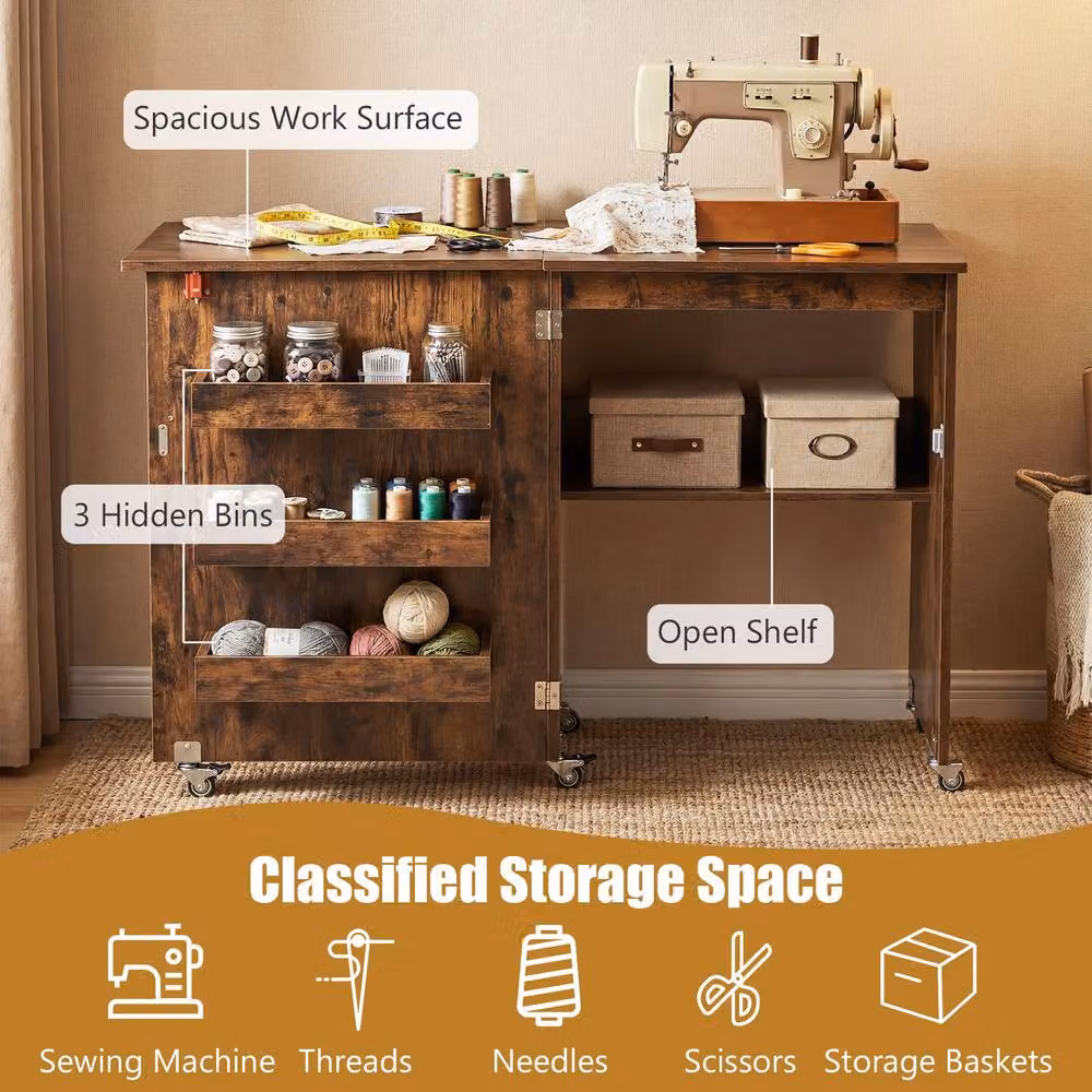 Costway Folding Sewing Table and Mobile Sewing Machine Desk with Castors, Brown – 6