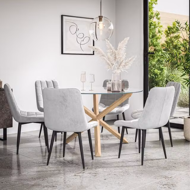 More4Homes Malvern Round Glass Dining Table with 6 Grey Nova Velvet Chairs and Oak Legs, Diameter: 120 cm, Height: 75 cm