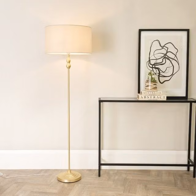 ValueLights Maggie Gold Metal Candlestick Floor Lamp with Beige Fabric Cylinder Shade