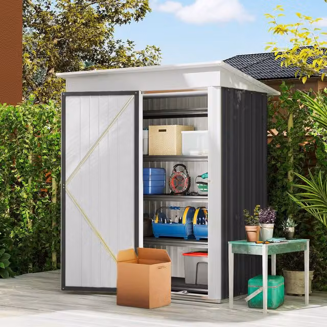 Outsunny Steel Lean-to Garden Storage Shed with Lock and Shelving, Dark Grey, H: 181.0 cm x W: 95.0 cm x D: 38.5 cm – 1