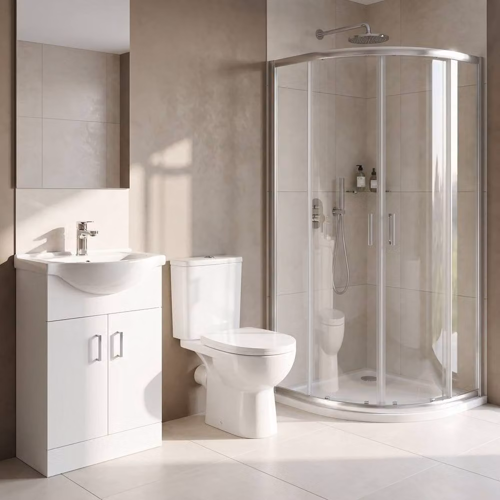 Balterley White Bathroom Suite with 900mm Quadrant Enclosure, Tray, Vanity Basin and Toilet