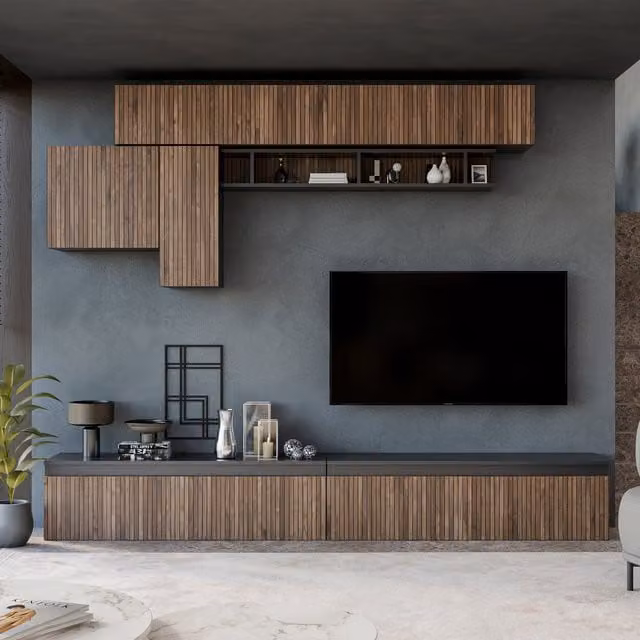Decorotika Cascais Wall Mounted Modern Entertainment Center in Black and Brown Wood