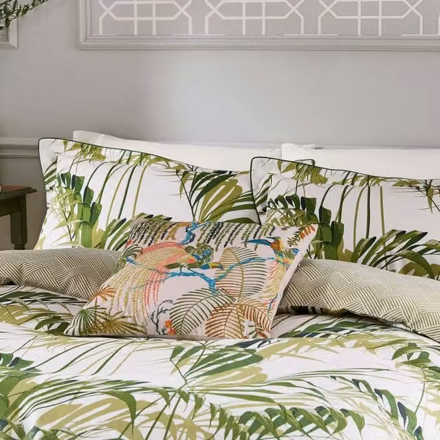 Sanderson Palm House Single Duvet Cover and Pillowcase Set, Botanical Green Mako Satin Cotton