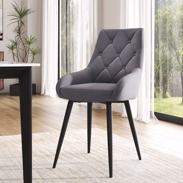 Livingandhome Grey Velvet Button-Tufted Dining Chair with Metal Legs