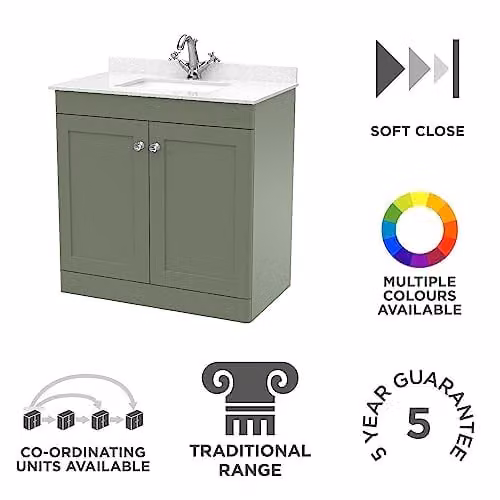 nuie Classique Traditional Bathroom Floor Standing 2 Door Unit with Marble Worktop and Square Basin, Satin Green and White, W: 800 mm – 3