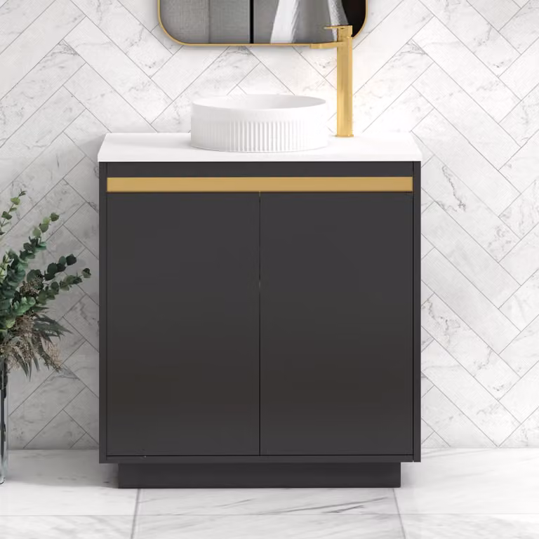 Royal Bathrooms Orion 800mm Matt Obsidian Black Floor Standing Vanity Unit with White Countertop, Round Basin and Brushed Brass Trim